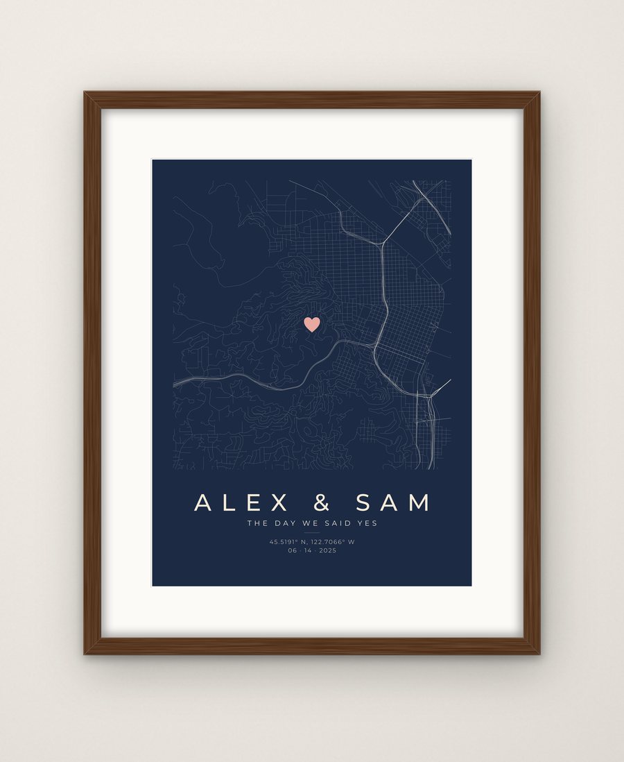 Wedding venue map with names, date and a heart